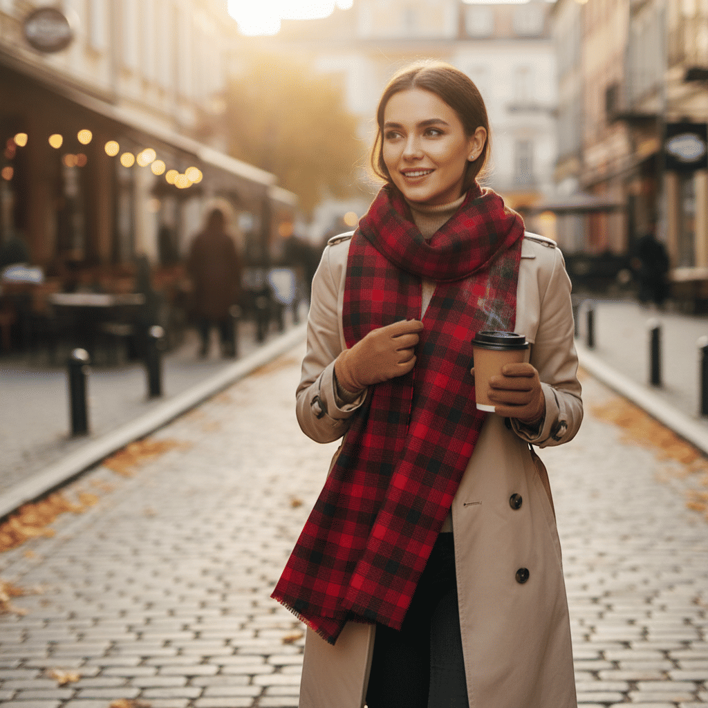 Bold Check Red Cashmere Large Scarf